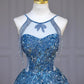 Blue luxurious beaded, sparkling, gorgeous wedding gown, beaded, sequined, floor-length princess ball gown nv5060