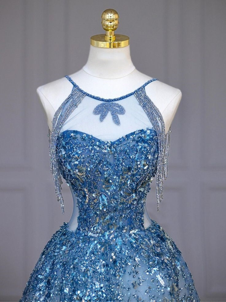 Blue luxurious beaded, sparkling, gorgeous wedding gown, beaded, sequined, floor-length princess ball gown nv5060