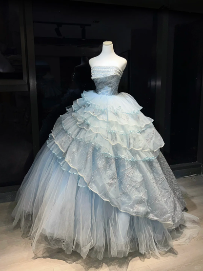 Light Ice Blue Sparkly Tulle Long Evening Gown Strapless Tiered Puffy Ball Gown Prom Dress  NV7069