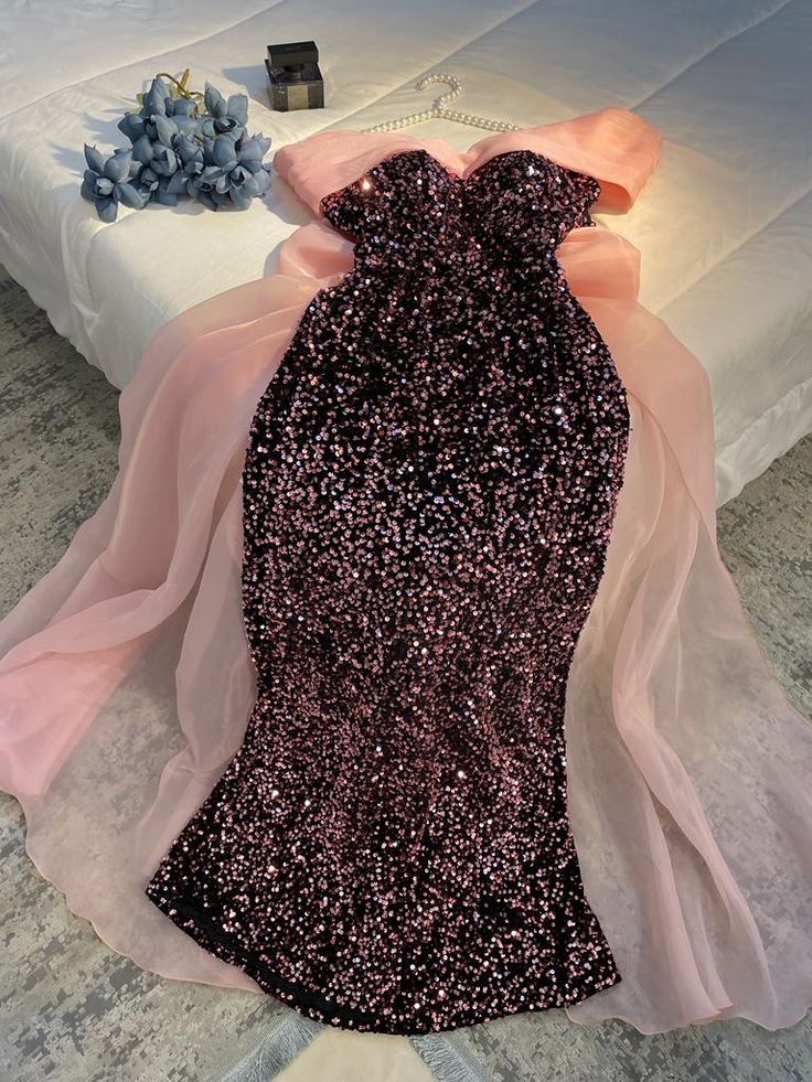 Robe de soirée longue élégante en tulle à paillettes brillantes et magnifiques rose clair/rose foncé nv3171