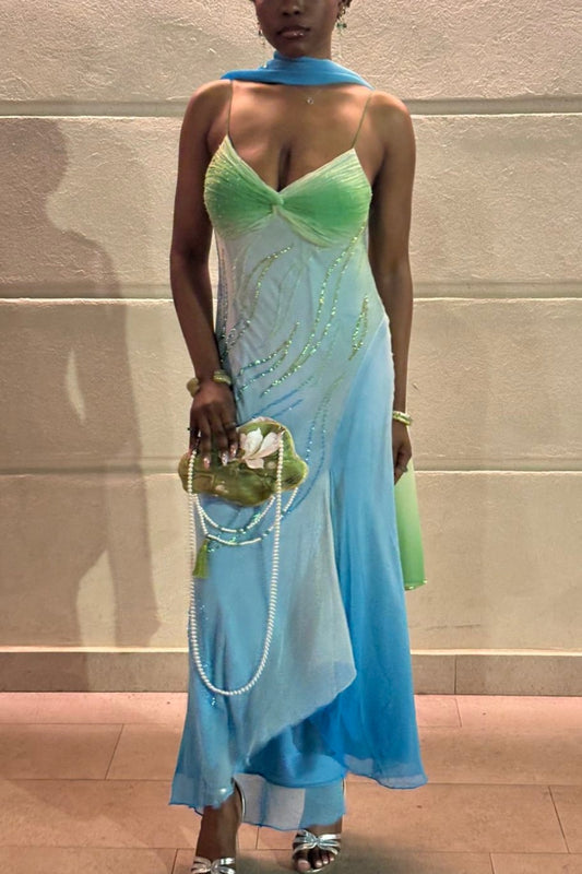 NiceVestidos--Blue green exquisite beaded long chiffon fashionable gradient prom dress NV5673