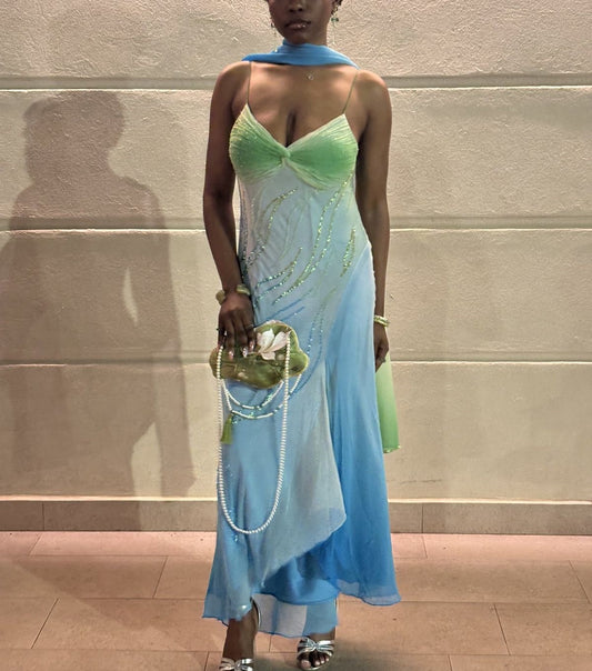 Robe de soirée longue en mousseline de soie à perles, dégradé bleu-vert, robe de bal, robe de soirée, nv4767