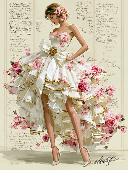 3D Pink Floral Sweetheart Strapless High Low Ruffle Prom Dress with Gold Trim  NV7401