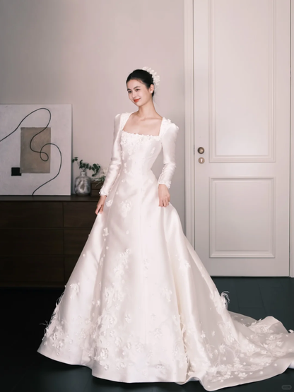 Square Neck Long Sleeve Satin A Line Wedding Gown with Floral Appliques  NV7346