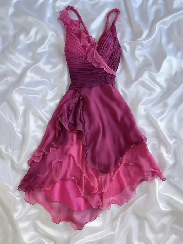Pink Purple Fashion Gradient Ruffles Spaghetti Straps Short chiffon Mid-Length Homecoming Dress Prom Dress Birthday Party Dress Evening Dress nv3882