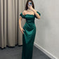 Robe de soirée longue en satin à manches courtes et haut tube simple vert/bleu/violet nv3091