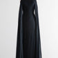 Black Satin Tulle Cape-Sleeve Square Neck Embellished Vintage Elegant Gown NV6255