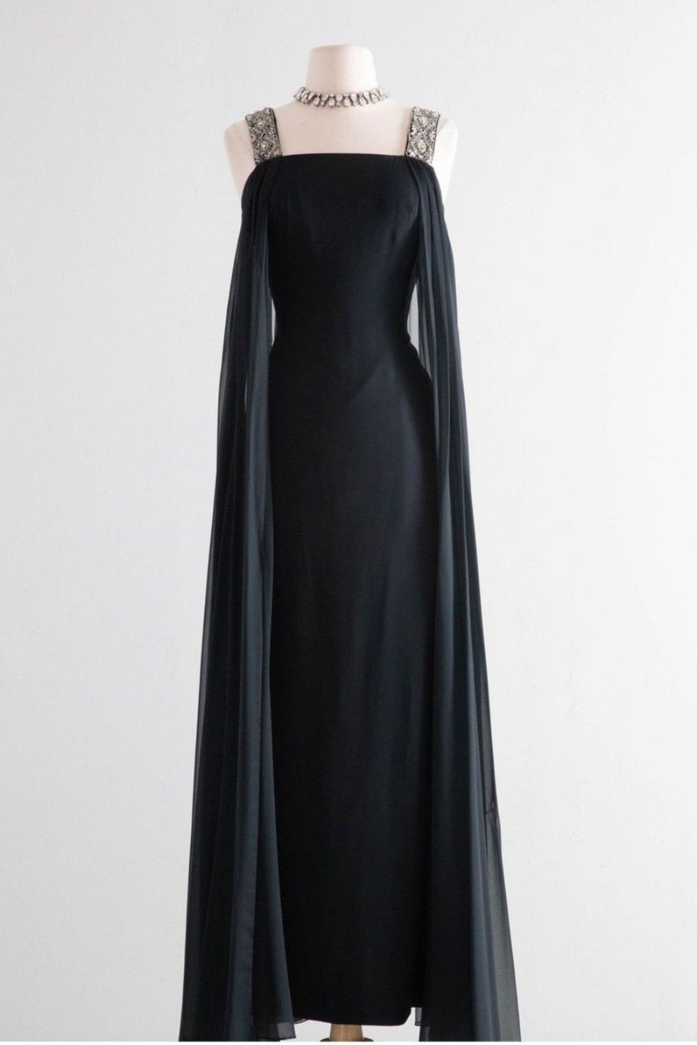 Black Satin Tulle Cape-Sleeve Square Neck Embellished Vintage Elegant Gown NV6255