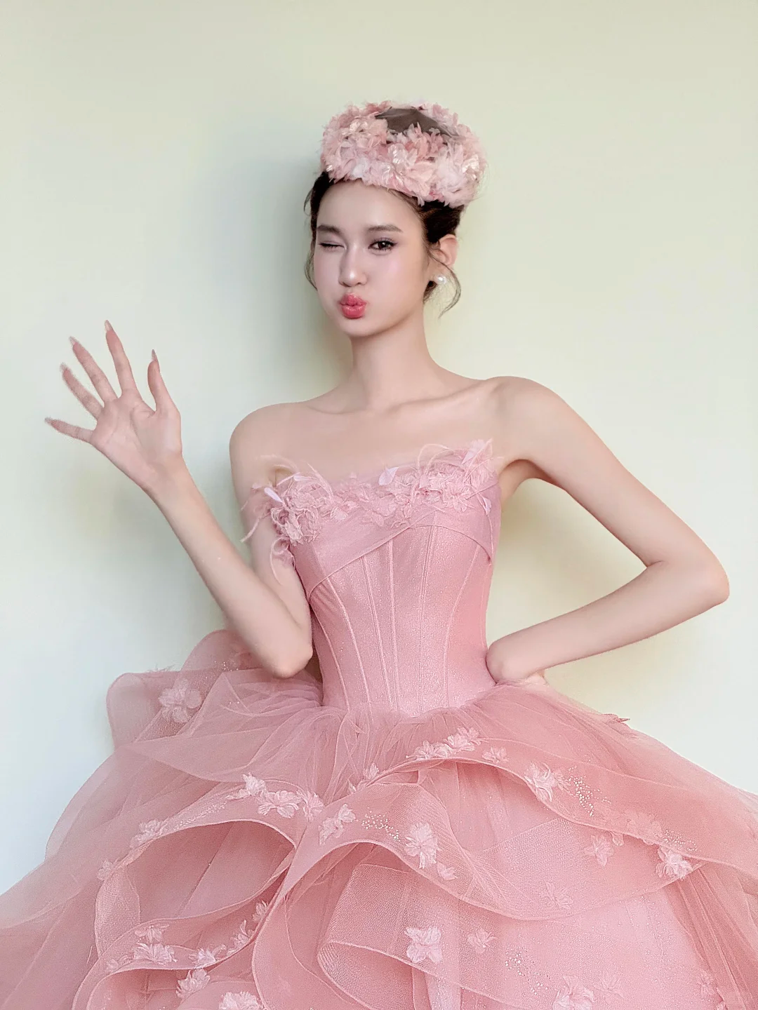 Strapless Pink Corset Prom Dress, 3D Flower Ruffle Glitter Tulle Princess Ball Gown  NV7420