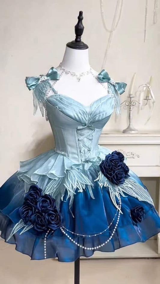 Blau/Grün/Lila Blumen Kurzes Chiffon Homecoming-Kleid Ballkleid Geburtstagskleid nv4824