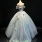 Light Lake Blue Off Shoulder Corset Ball Gown 3D Flower Iridescent Tulle Fairy Prom Dress  NV6937