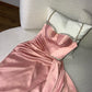 Robe de soirée longue rose élégante en forme de cœur avec bretelles spaghetti et strass nv2765