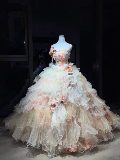 Strapless Blush Pink Prom Dress Ruched 3D Rose Tiered Ruffle Glitter Tulle Ball Gown  NV7052