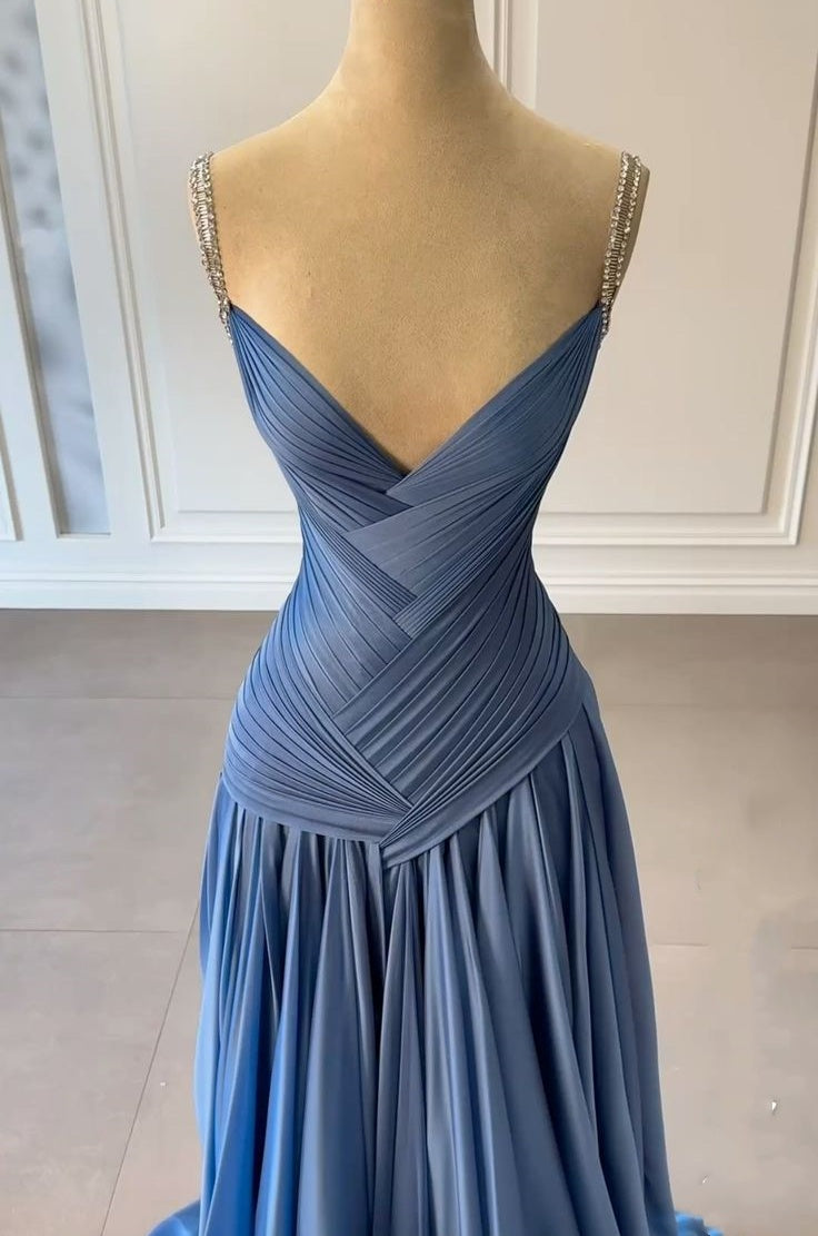 Blue Fashion Ruffle Elegant Long Satin Floor Length Rhinestone Strap Prom Dress Evening Dress Party Dress nv5119