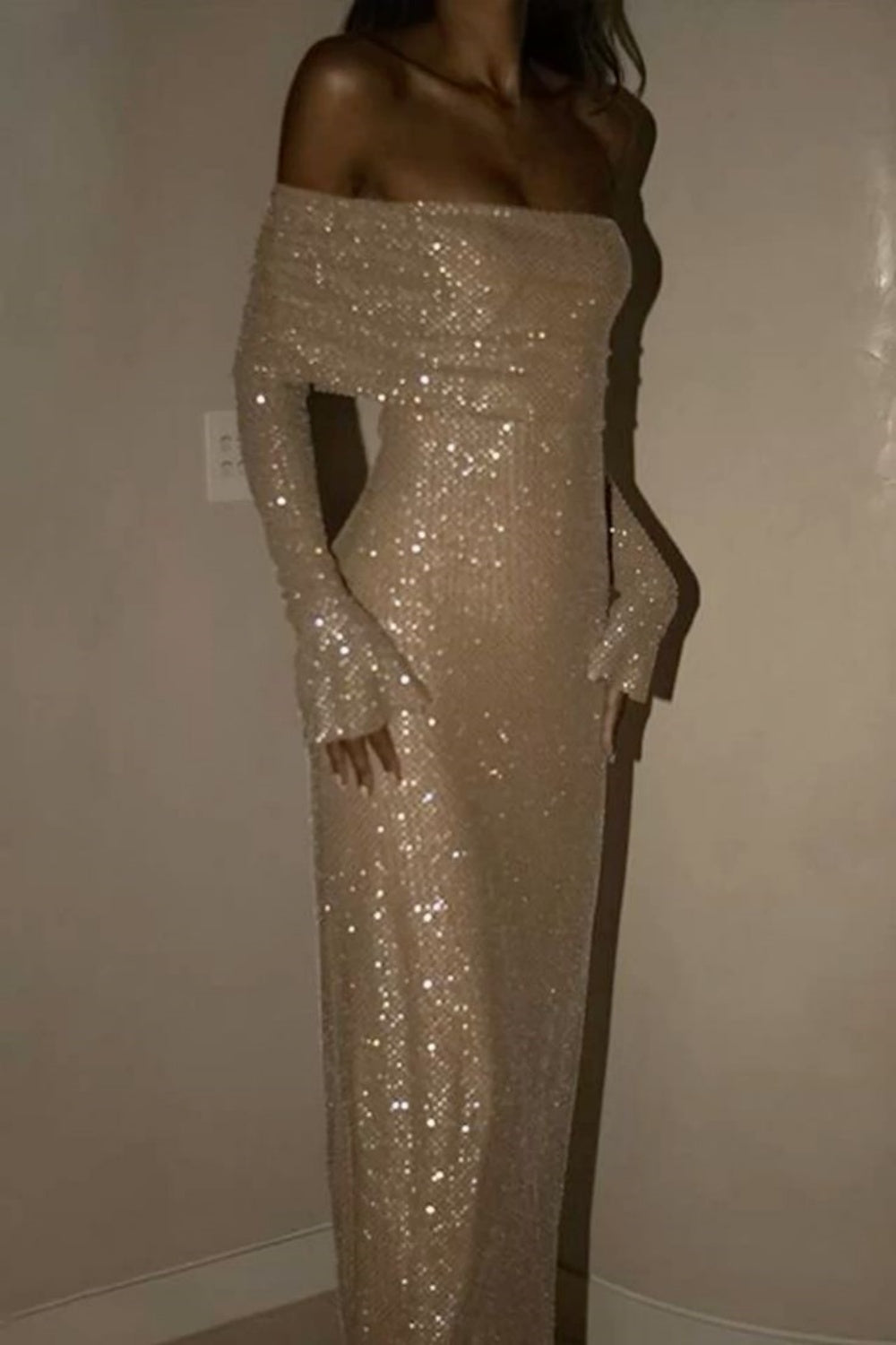Champagne gold/grey sequined long sleeves charming off-the-shoulder long prom dress party dress nv5295