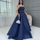 Navy Blue 3D Floral Beaded Ball Gown - Strapless Floor-Length Evening Dress NV6873