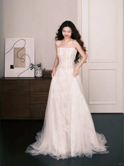 Square Neck Spaghetti Strap Embroidery A Line Wedding Dress Bridal Gown  NV7271