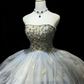 Strapless Dusty Blue Princess Ball Gown Beaded Rhinestone Tiered Bubble Tulle Gold Butterfly Prom Dress  NV6977