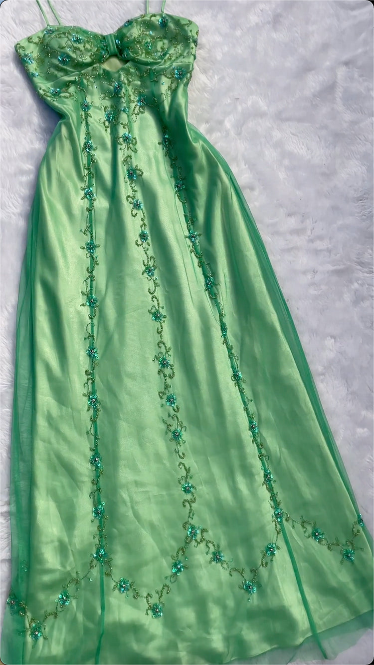 Green gorgeous delicate floral beading spaghetti straps long tulle ball gown evening dress party dress nv3740