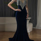Marineblaues Abendkleid aus Samt mit Kette und kurzen Ärmeln, Ballkleid, nv2710