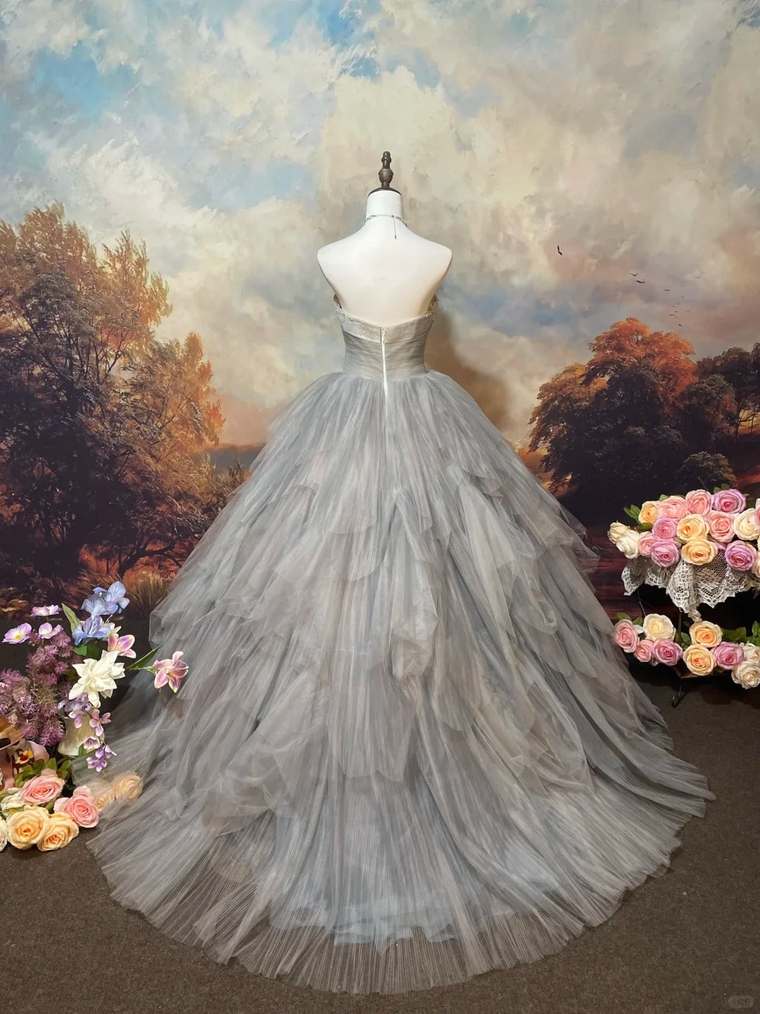 Silver-gray shiny exquisite sequined tulle floor-length retro long ball gown nv5157