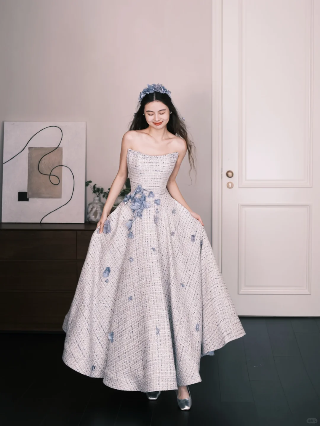 Strapless Tweed Prom Dress with 3D Flowers, Elegant A-Line Evening Gown  NV7334