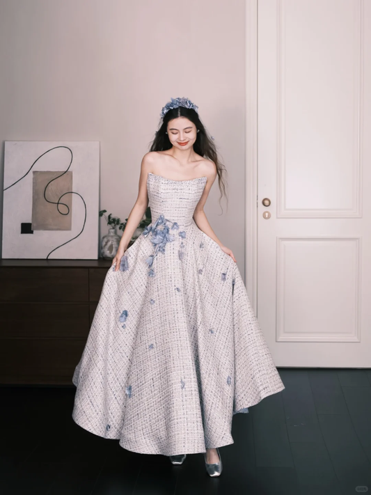 Strapless Tweed Prom Dress with 3D Flowers, Elegant A-Line Evening Gown  NV7334