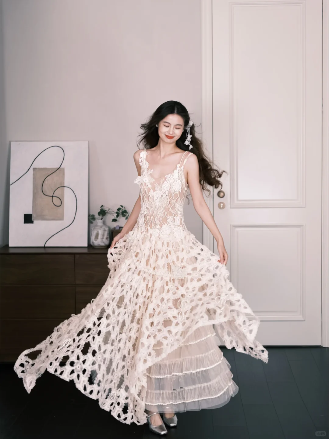 Spaghetti Strap Bohemian Lace Wedding Dress, Cutout Floral Bridal Gown  NV7289