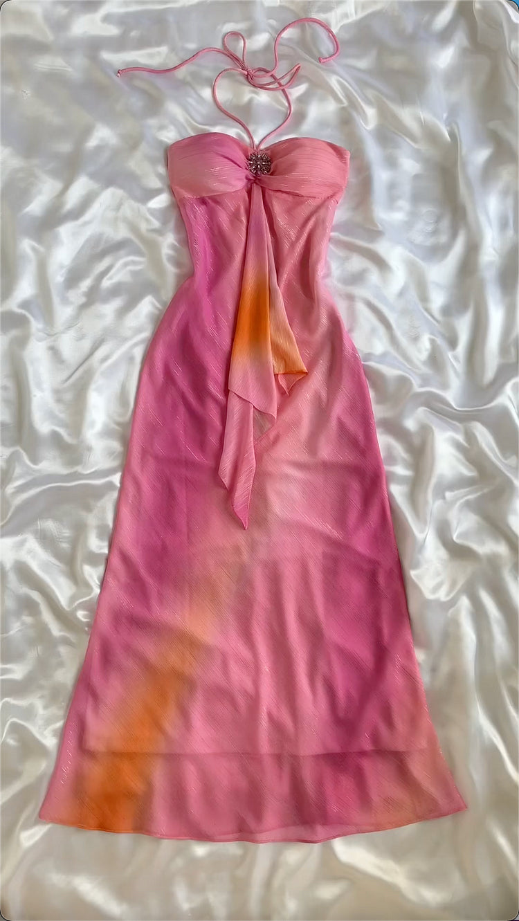 Rosa Farbverlauf Mode Exquisite Perlen Spaghetti Strap Lange Chiffon Abendkleid Party Kleid prom dressnv3579