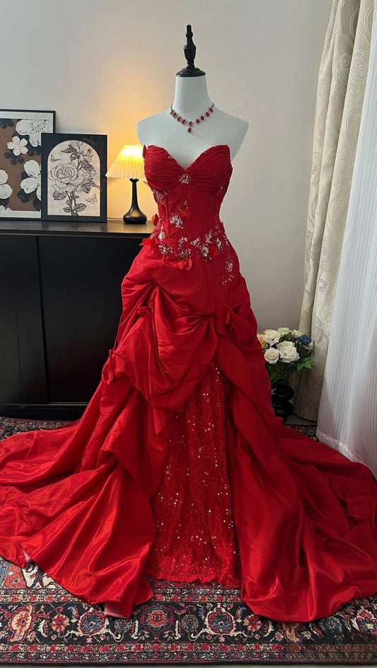 Red Satin Train Gown | Embellished Vintage Court Style | Evening/Party Toast Dress NV6316
