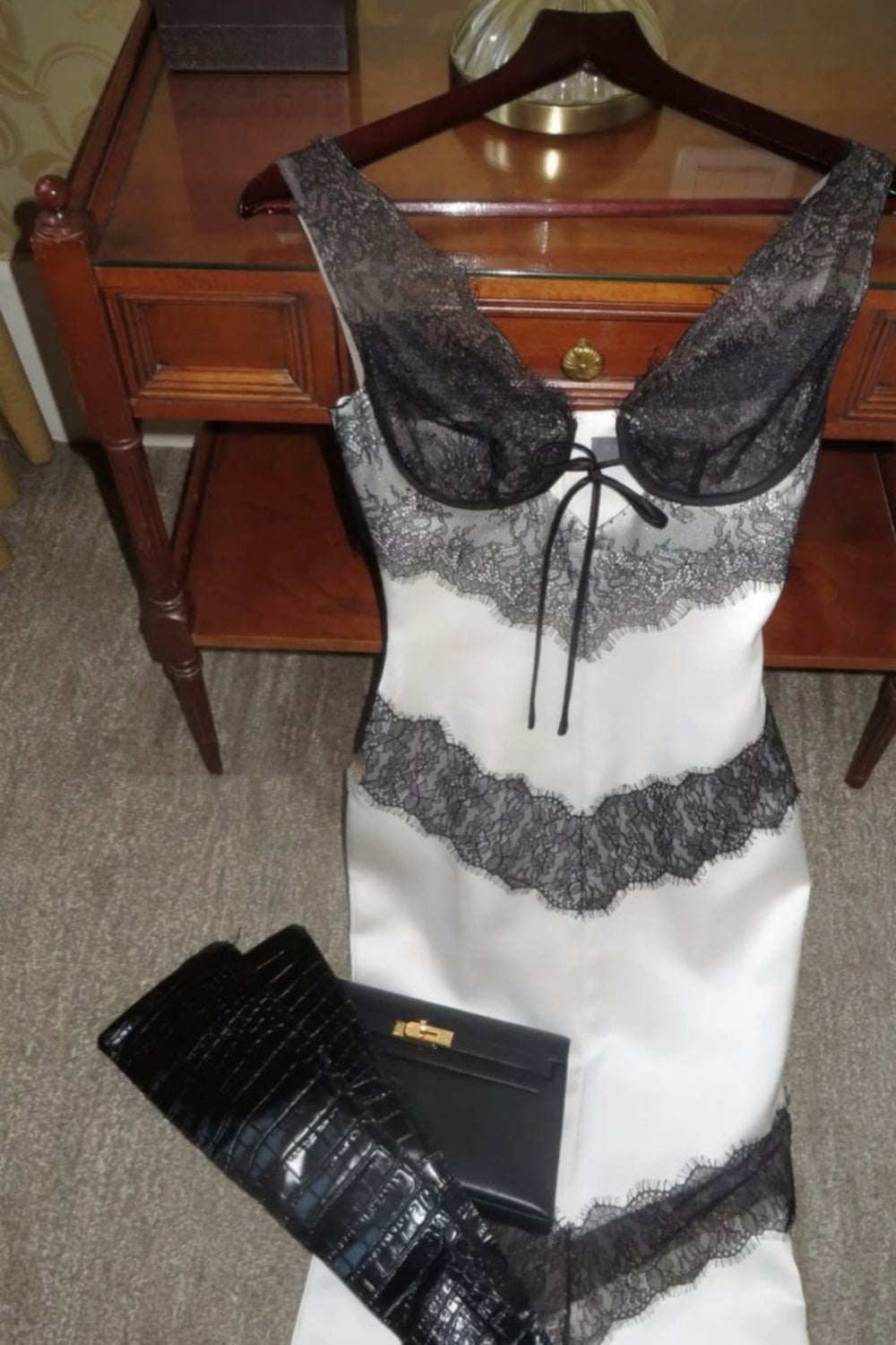 Black and white contrast lace fashionable elegant sexy long satin Prom Dress evening dress wedding guest party dress nv4806