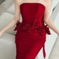 Red Strapless Mermaid Evening Dress With 3D Flowers & Tulle Scarf  NV7137