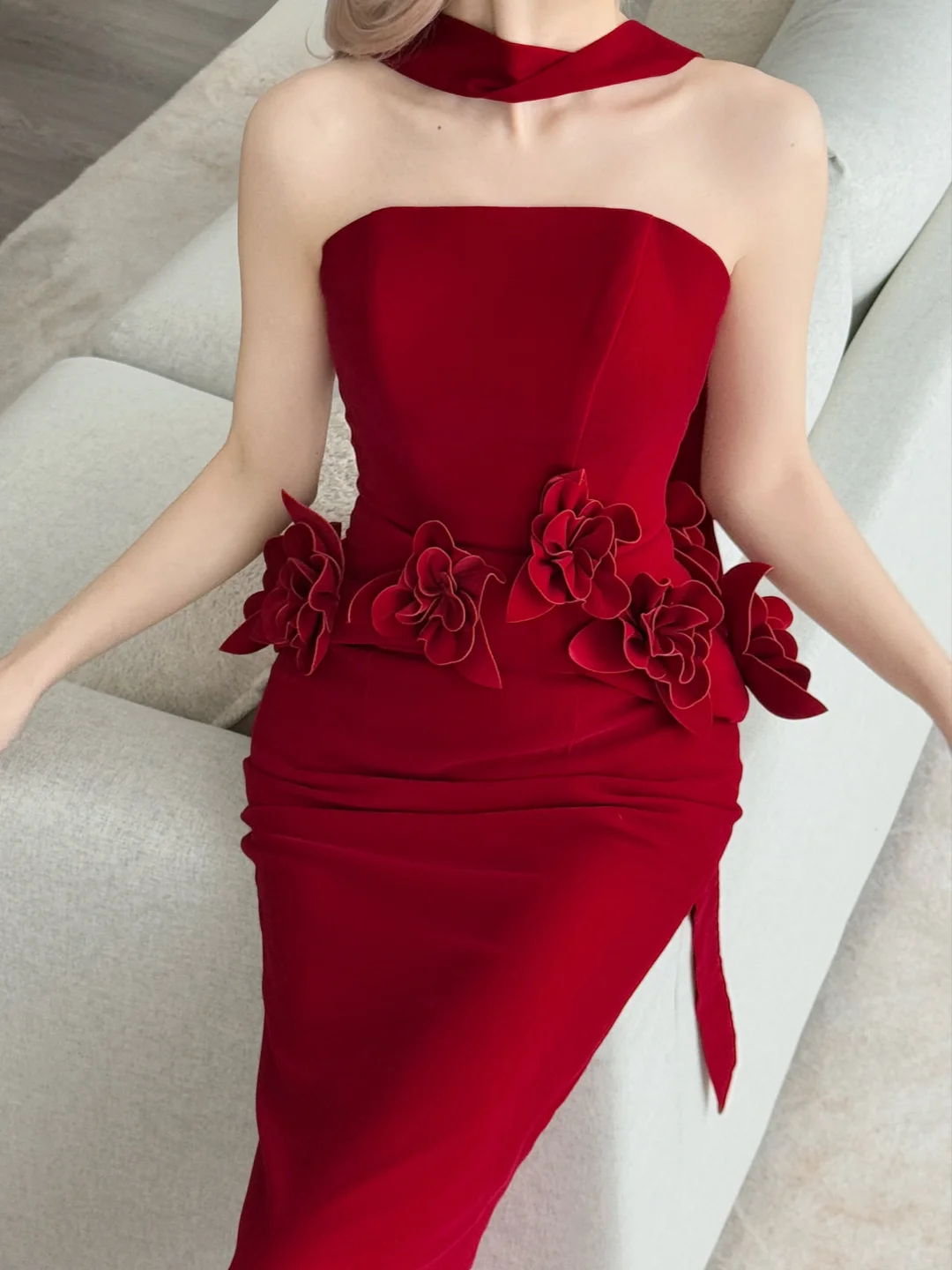 Red Strapless Mermaid Evening Dress With 3D Flowers & Tulle Scarf  NV7137