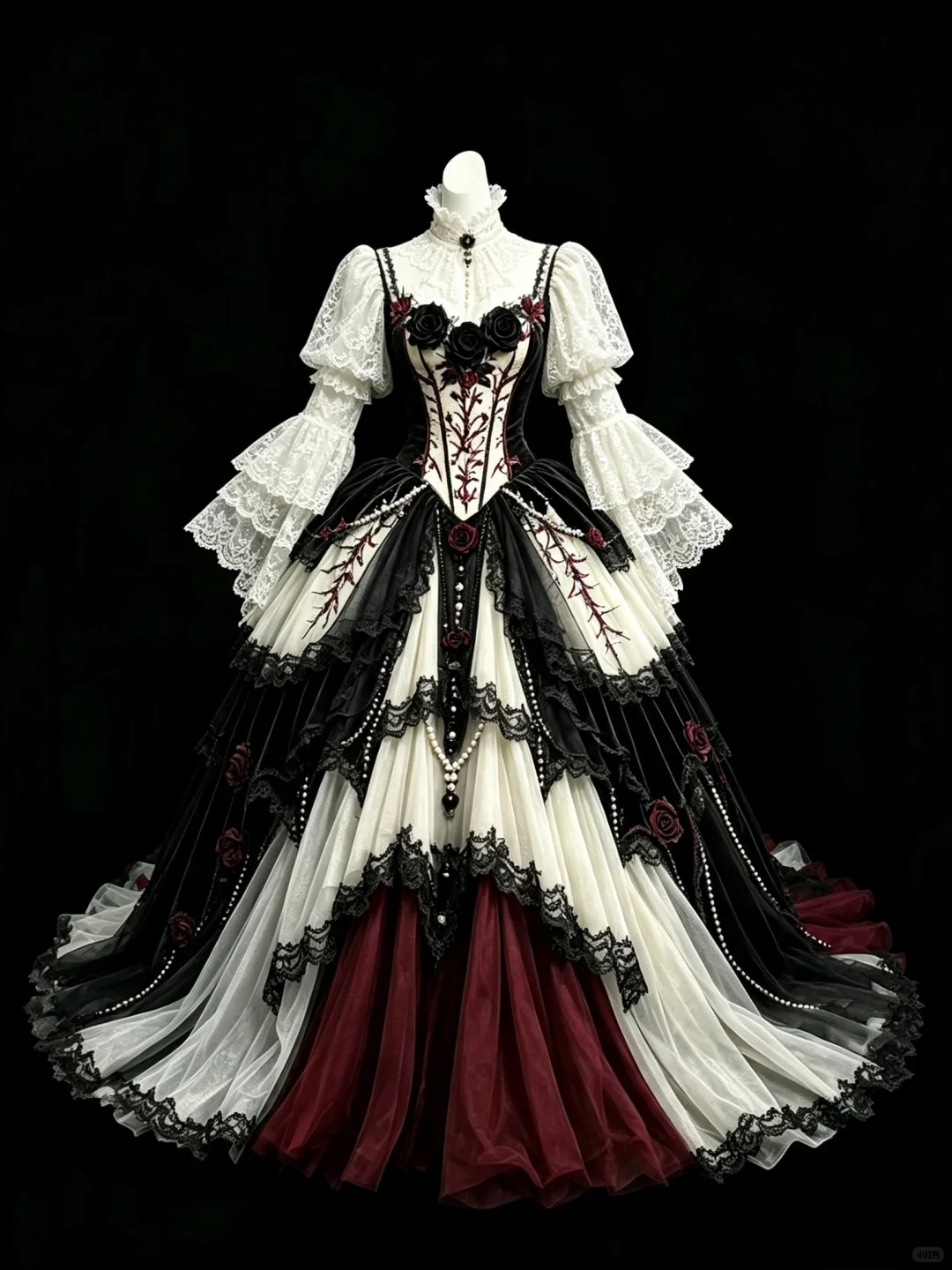Vintage Gothic Lolita Prom Dress, Lace Tiered Tulle, 3D Rose and Pearl Beaded Evening Gown  NV7461