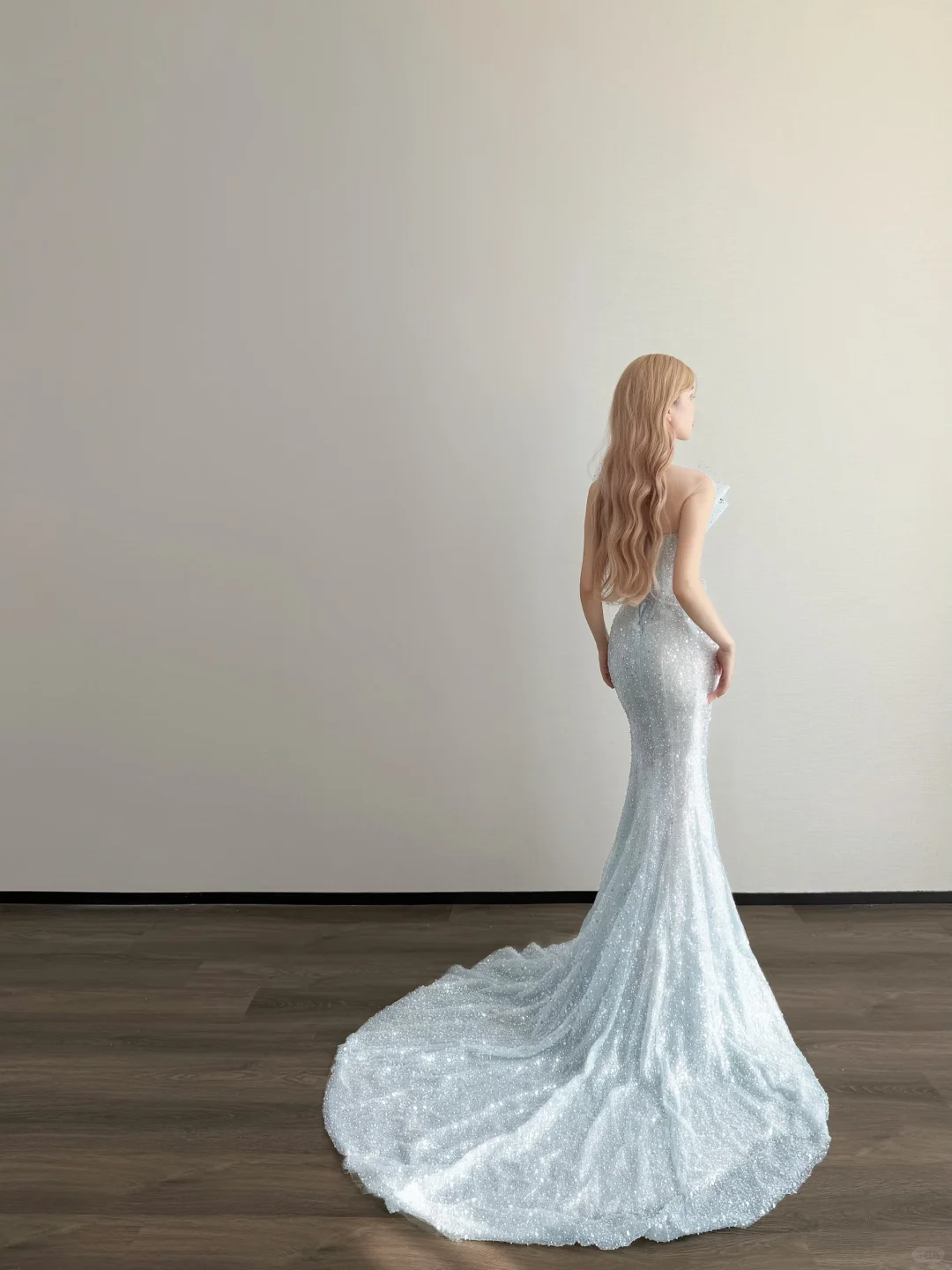 Ice Blue V Neck Prom Gown Ruffle Shoulder Beaded Sequin Mermaid Long Train Evening Dress  NV7161