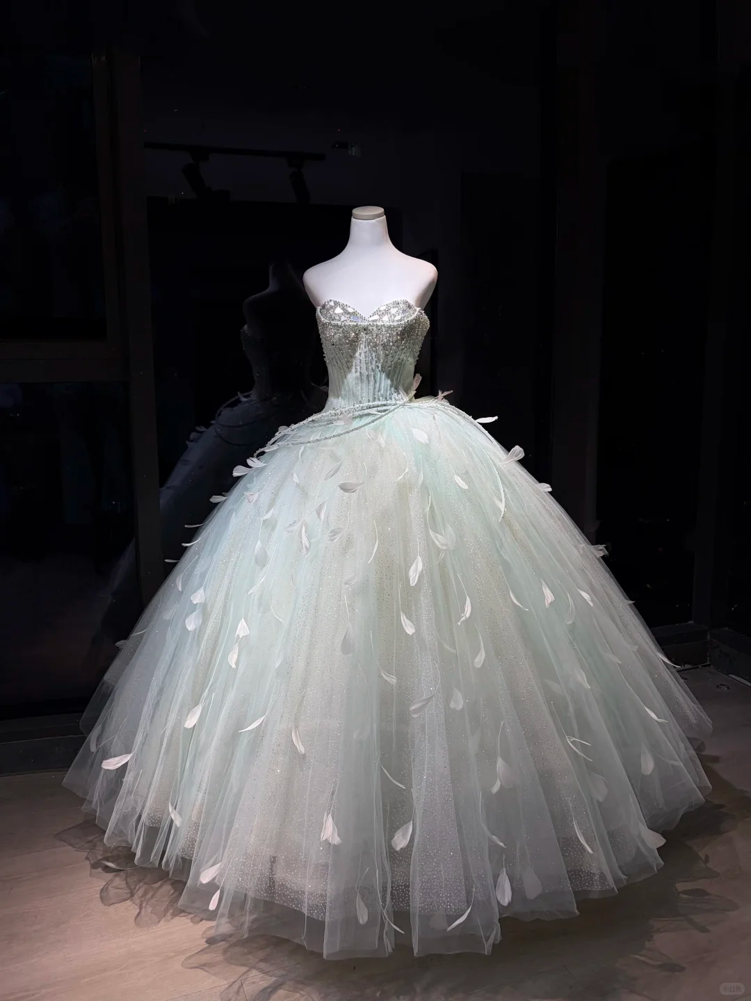 Mint Green Sparkly Tulle Ball Gown Strapless Feather Rhinestone Long Prom Dress  NV7082