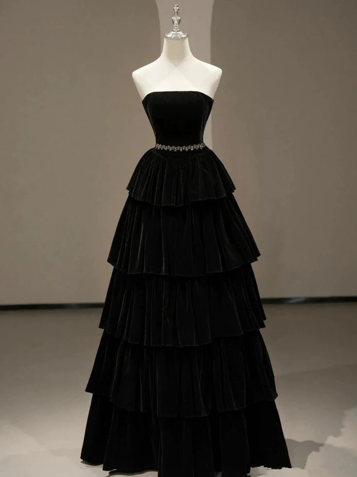 Robe de soirée longue en velours noir chic à volants et épaules dénudées, robe de bal, robe de soirée nv2589