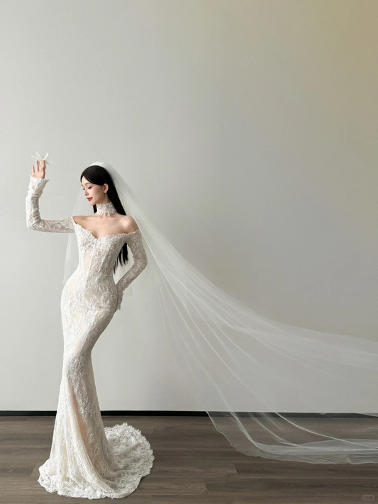 Off Shoulder Long Sleeve Lace Mermaid Wedding Dress Ivory Bridal Gown  NV7118