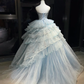 Light Ice Blue Sparkly Tulle Long Evening Gown Strapless Tiered Puffy Ball Gown Prom Dress  NV7069