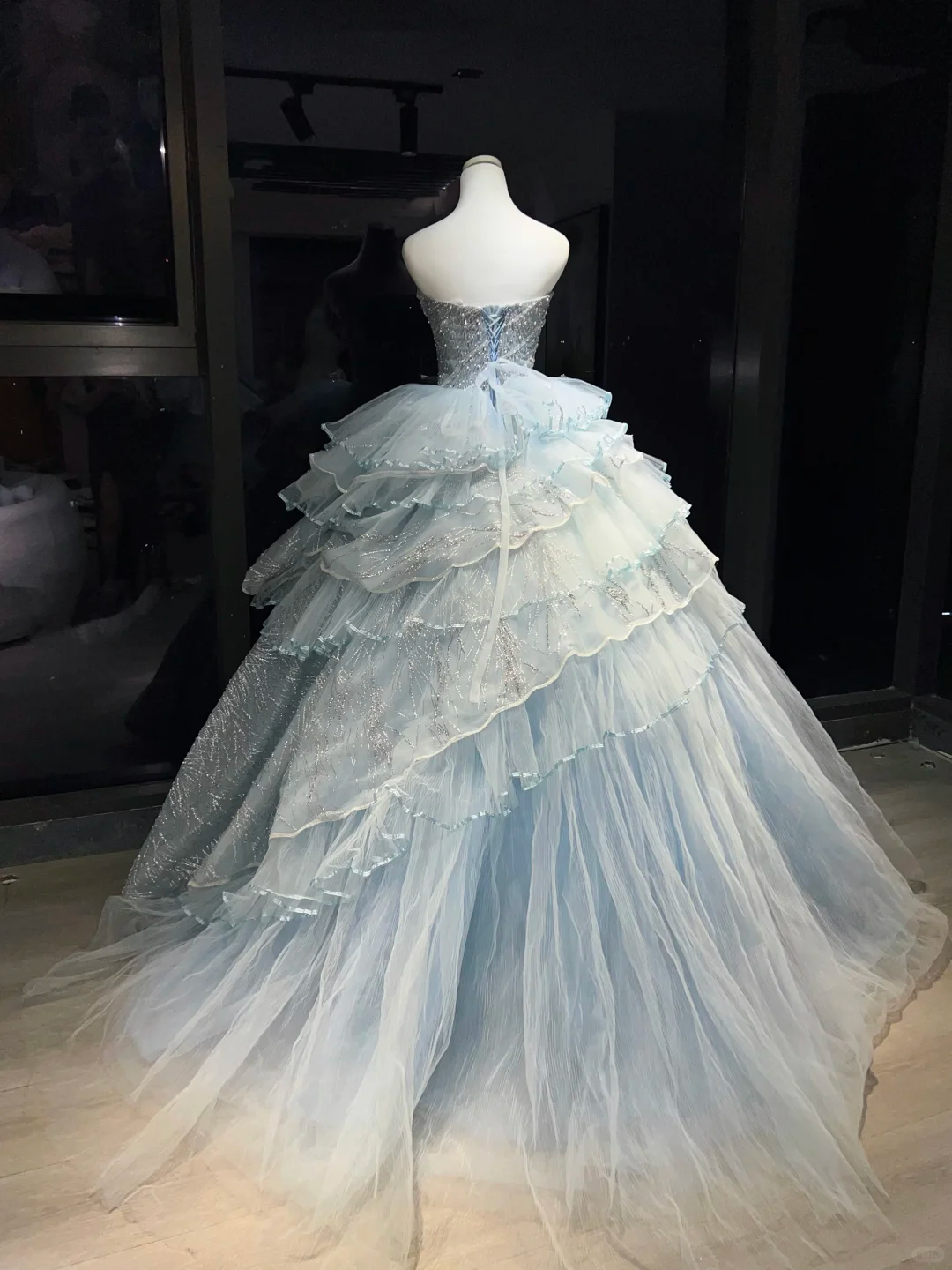 Light Ice Blue Sparkly Tulle Long Evening Gown Strapless Tiered Puffy Ball Gown Prom Dress  NV7069