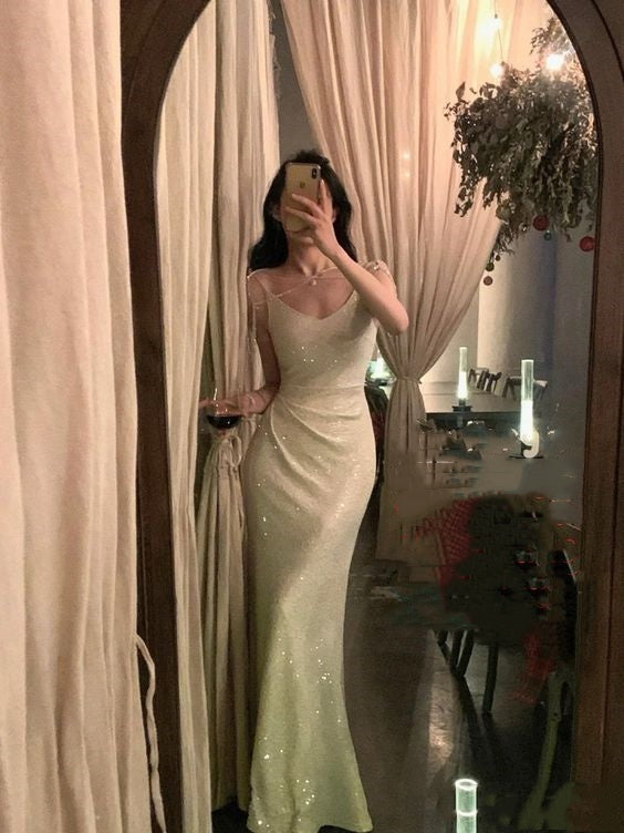 Robe de soirée longue élégante et simple à dégradé vert brillant nv2448