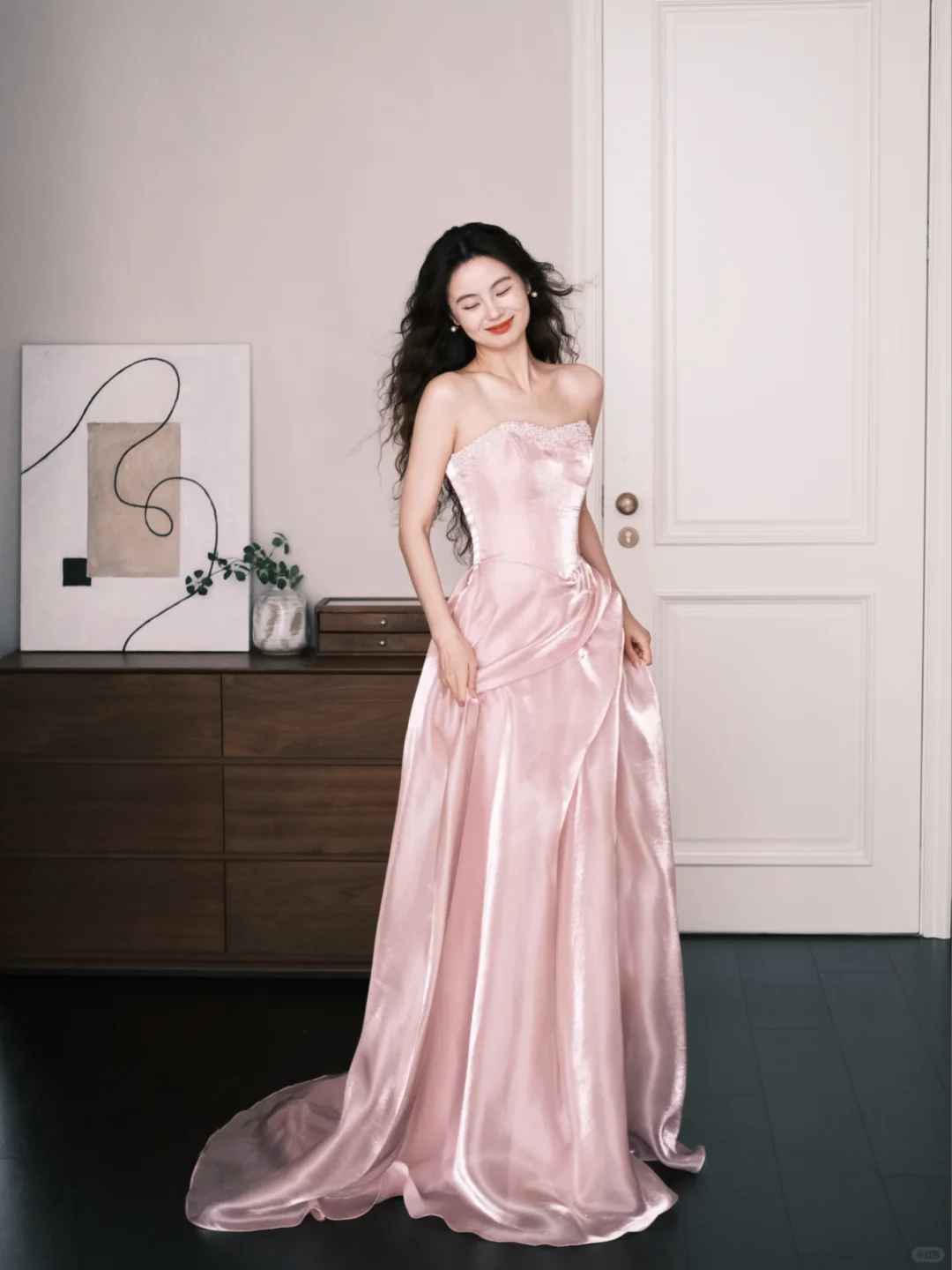 Blush Pink Strapless Satin Prom Dress Sweetheart Neck Long Train Evening Gown  NV7210