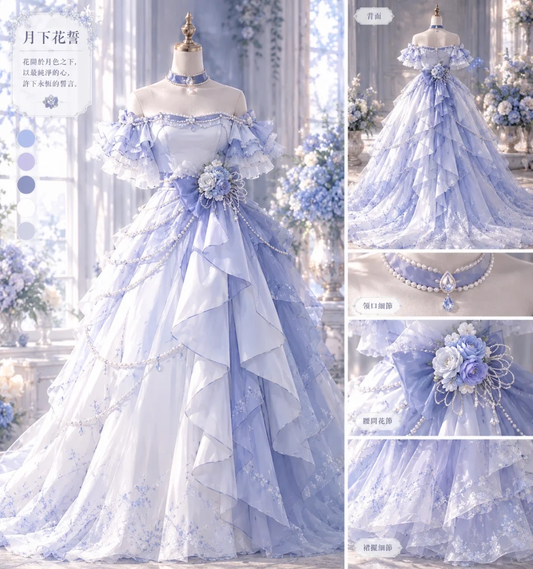 Ombre Blue Off Shoulder Ruffle Lolita Prom Dress, Floral Print Tulle Ball Gown with Pearl Choker  NV7451