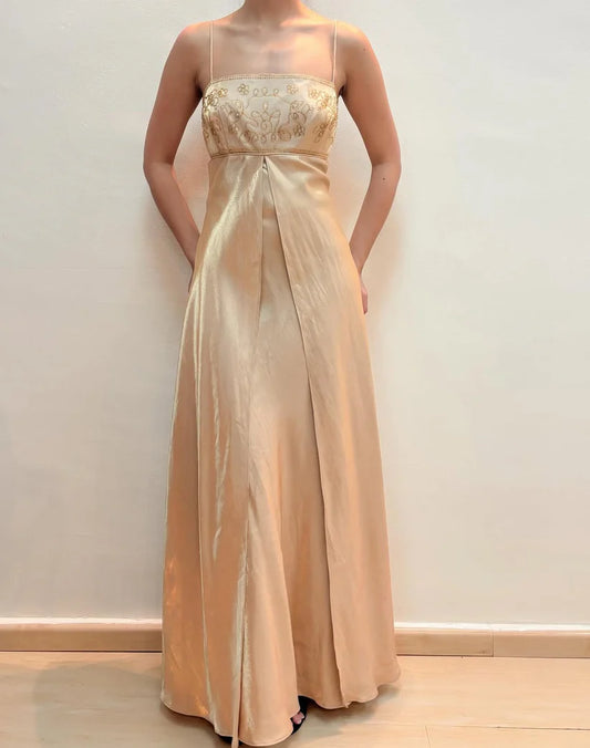 NiceVestidos – Exquisites, florales, perlenbesetztes Feenkleid, ärmellos, champagnerfarbenes Satin, A-Linie, bodenlanges Abendkleid mit Spaghettiträgern, Ballkleid NV5774