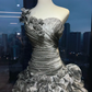 Strapless Dark Grey Mermaid Gown Sweetheart Ruched Hand Beaded 3D Flower Tiered Ruffle Organza Prom Dress  NV7029