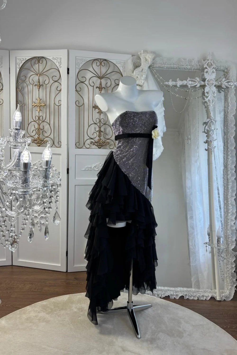 Trending Now Black-Silver Sequin Dress: Asymmetric Tulle Hem & Halter Option NV6839