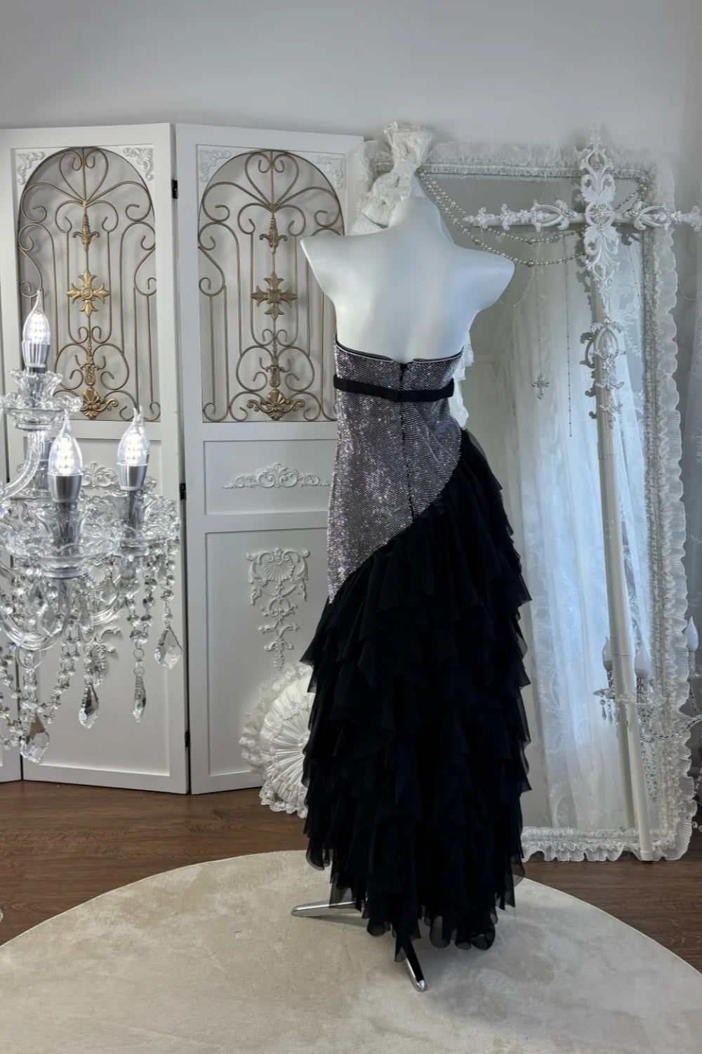 Trending Now Black-Silver Sequin Dress: Asymmetric Tulle Hem & Halter Option NV6839