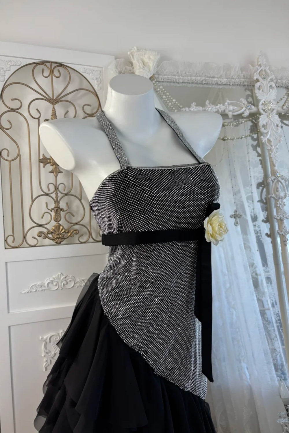 Trending Now Black-Silver Sequin Dress: Asymmetric Tulle Hem & Halter Option NV6839