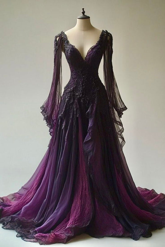 NiceVestidos-Purple Gradient Beaded Long Tulle Ball Gown NV6122