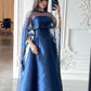 Blaues langes Abendkleid aus Satin mit Pailletten und Tüll, nv2741